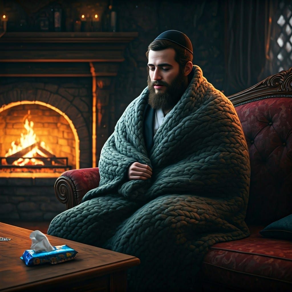 Serene Hasidic Gentleman Surrounded by Cozy Winter Wonder