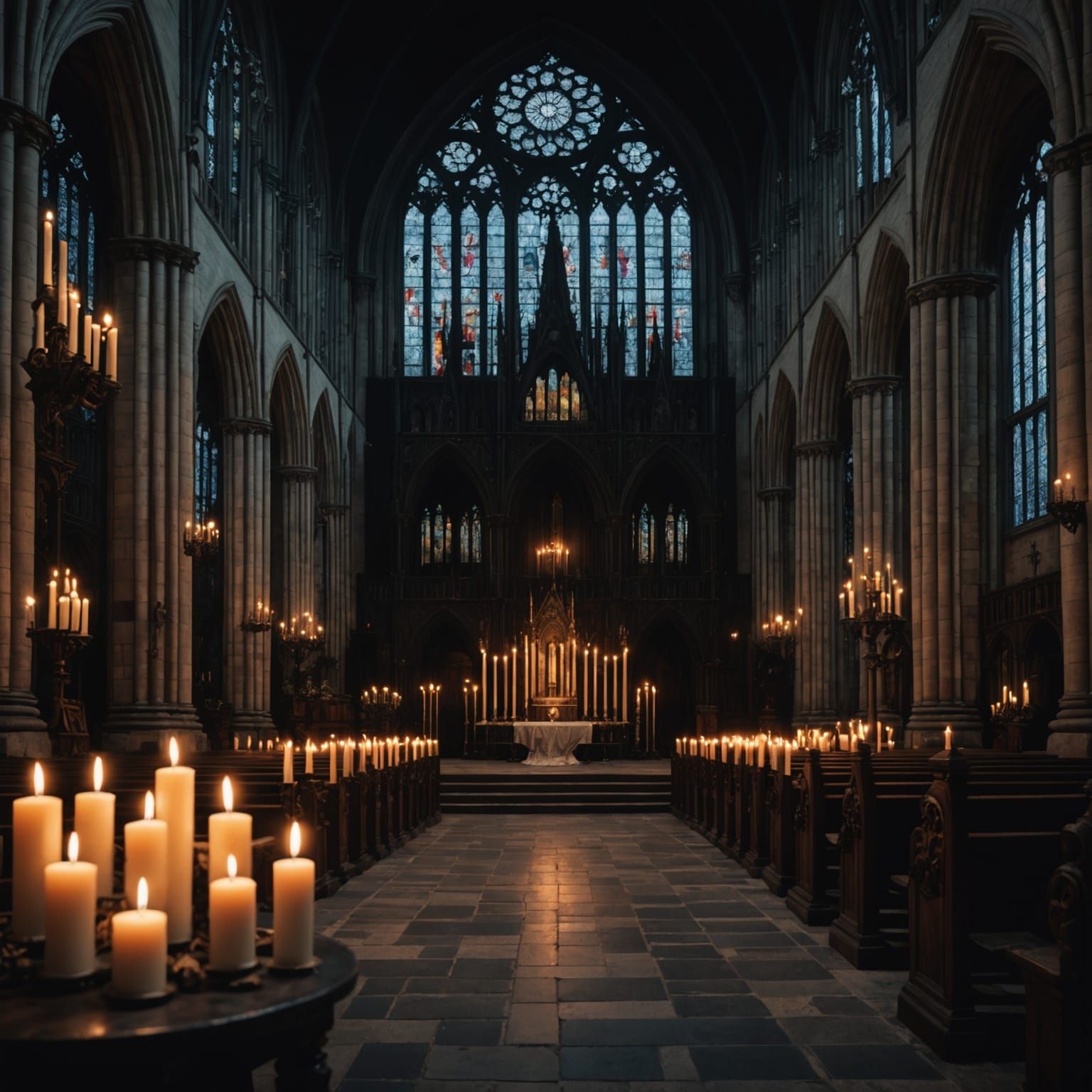 Gothic church in the style of Bagsinski, candles, night.  In the center stands a witch in a crpsy dress. 8k, hyperrealism