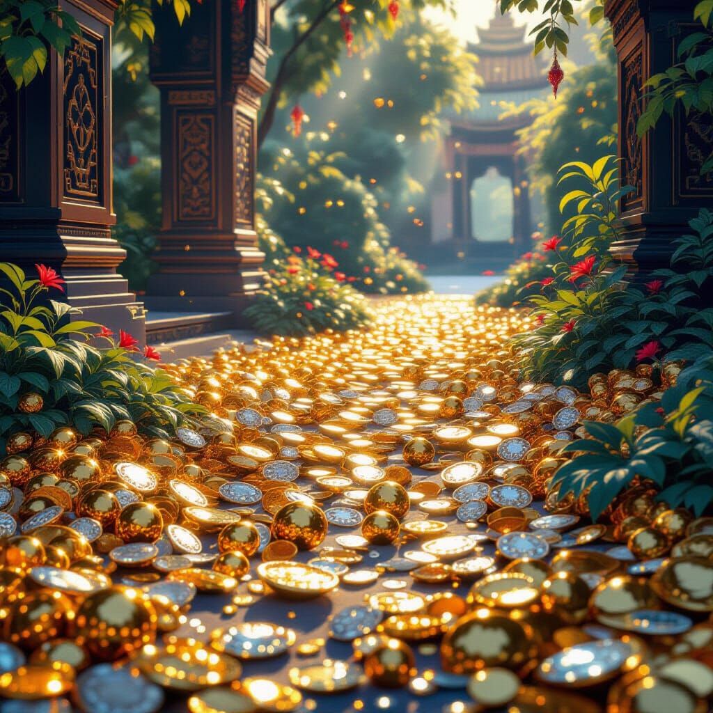 Gold and Silver Treasures Glittering with Ornate, Vibrant St...