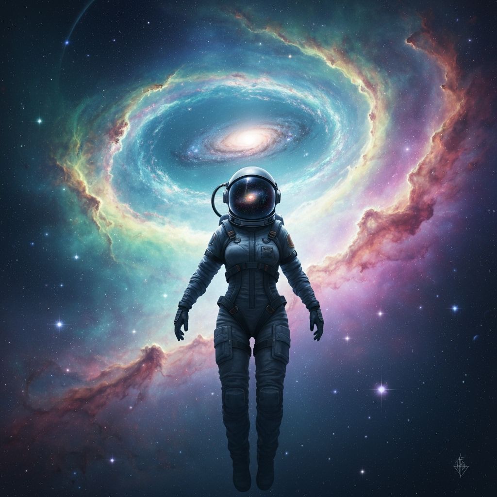 Astronaut Adrift in Cosmic Ocean with Alien Galaxy