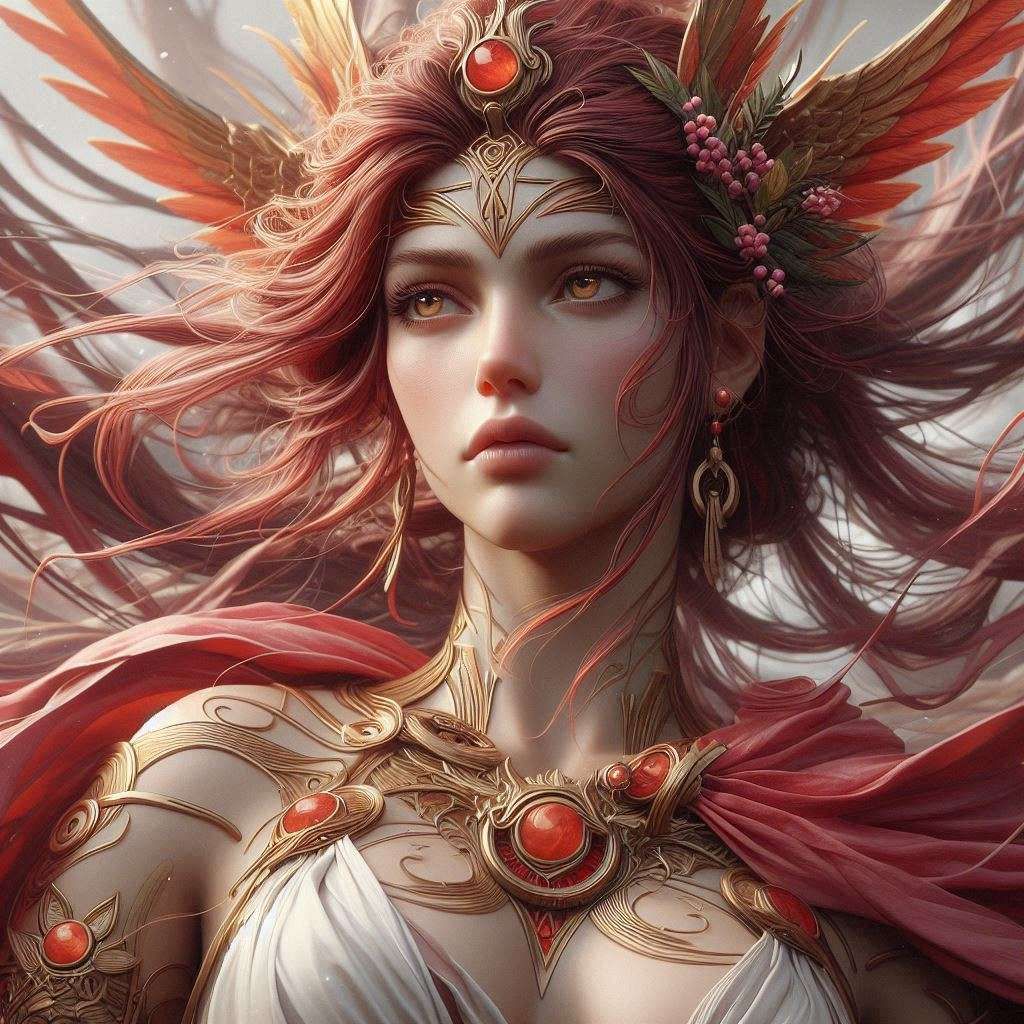 Athena goddess of the hunt, three-dimensional figure, in fighting pose, stands on Mount Olympus