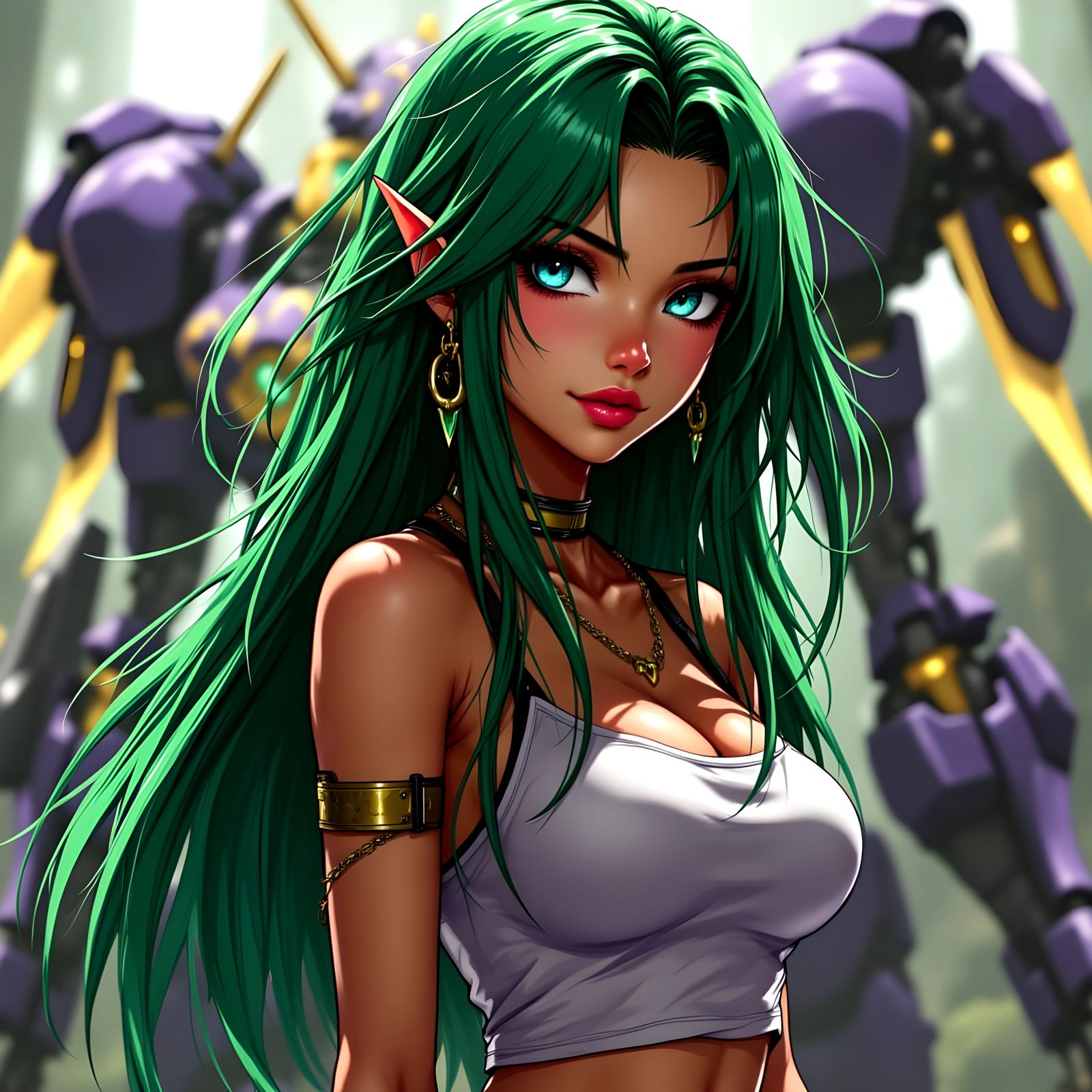 Fierce warrior princess with her Mech in the background ready for battle.   by @Valmont