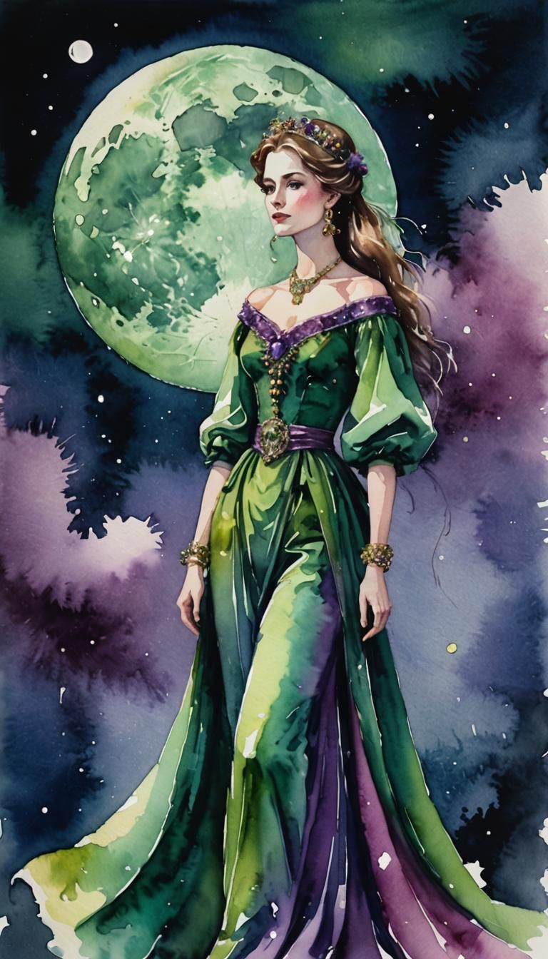 Watercolor. Green and violet colors. Luxury noblewoman. Mela...