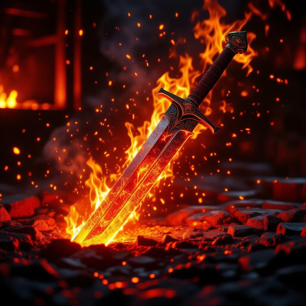 A glowing, fiery red object in a blazing forge — a red-hot sword immersed in molten metal, intense heat ...  by @8848