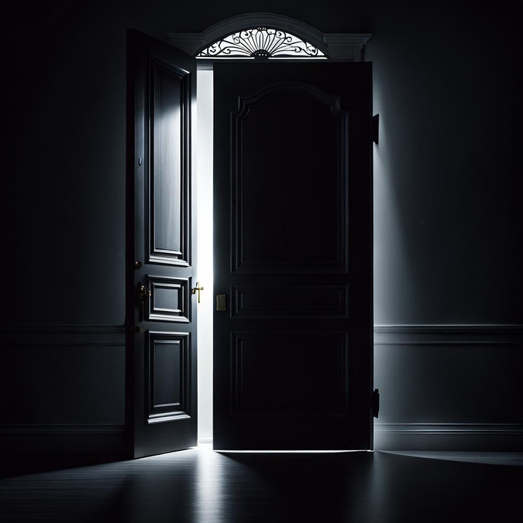 The door creaked open with a blinding light Two tall slender shadows ...