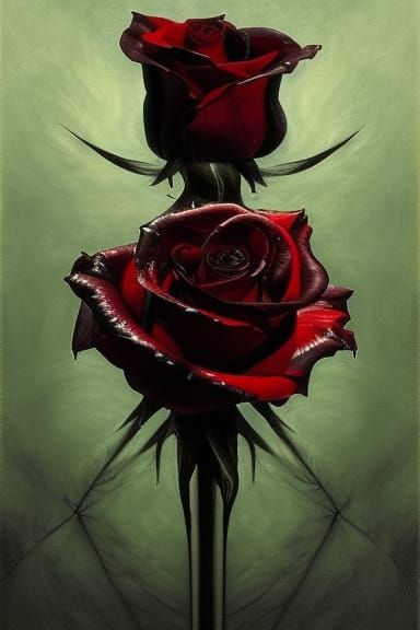 black rose under a glass flask, black rose, sunset, oil pain...