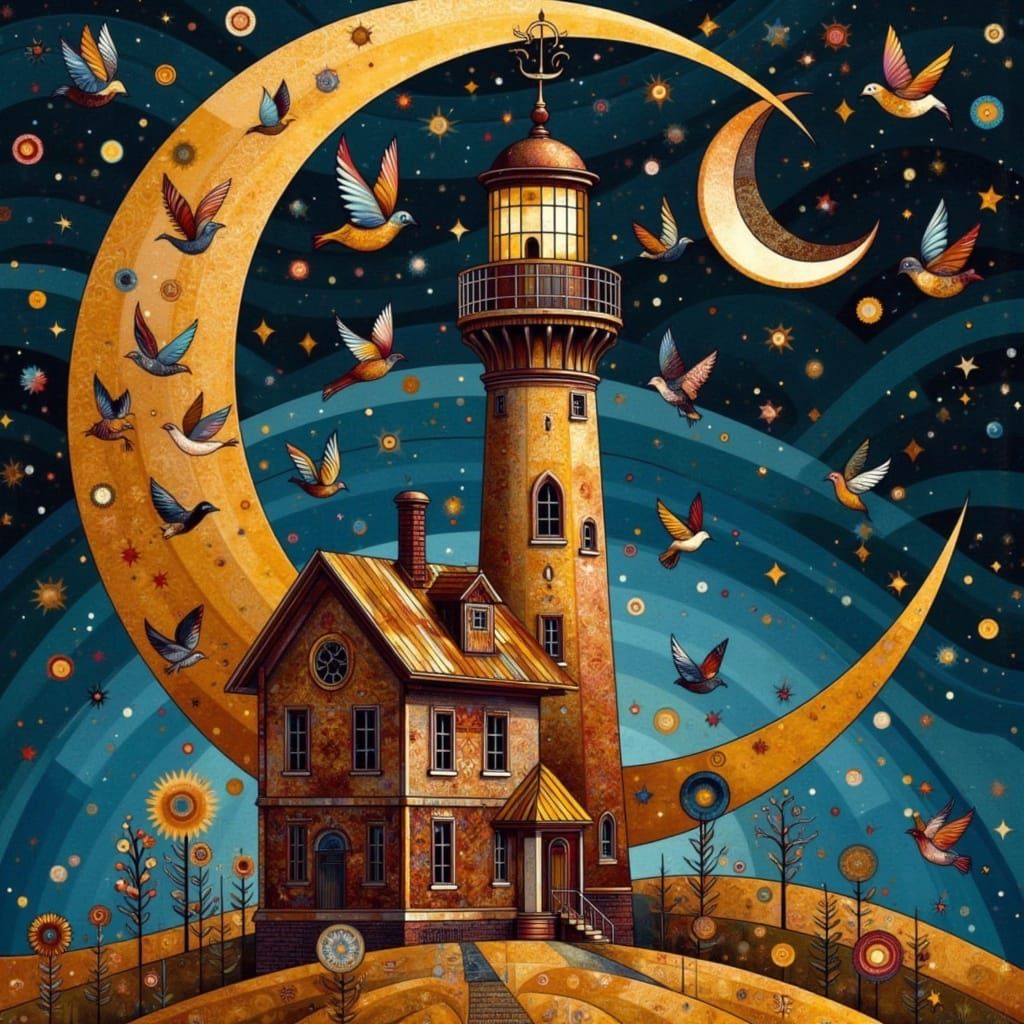 Double exposure, scrapcore giant yellow-gold enamelled metal surreal steampunk crescent moon :: double exposure a scrapcore colourful surrea...