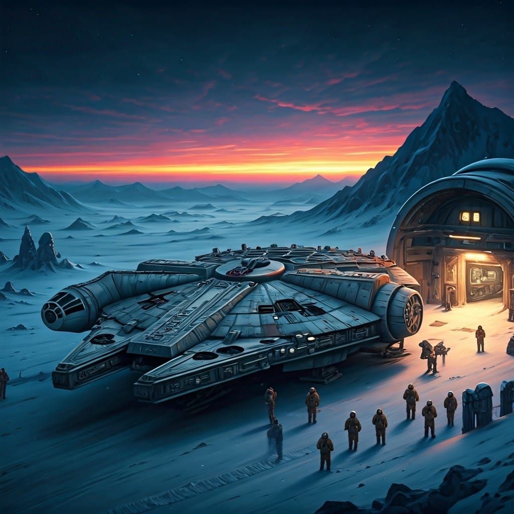 The Millennium Falcon at Echo Base on the icy planet Hoth undergoing repairs.   by @Renato Dantas
