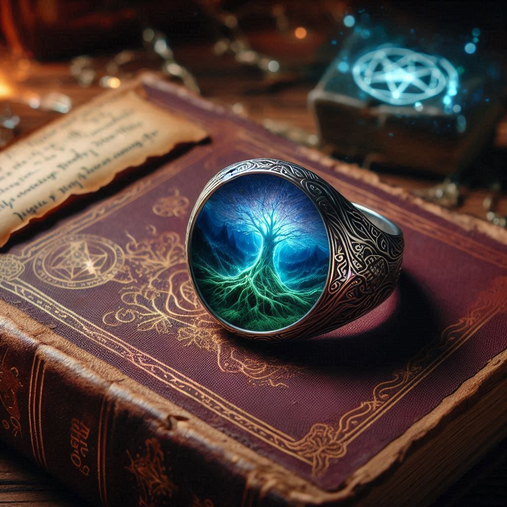 A magical Elvin ring sitting on top of an old magical grimoire