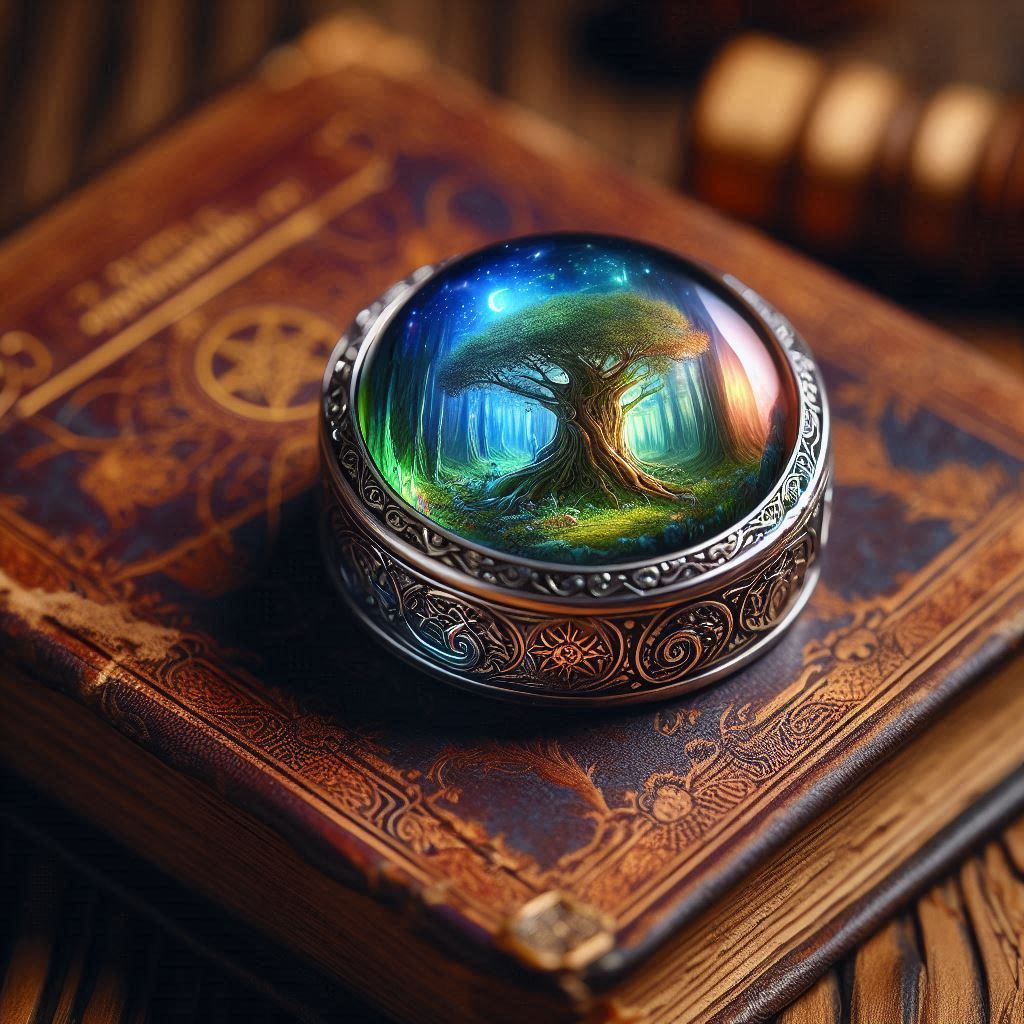 A magical Elvin ring sitting on top of an old magical grimoi...