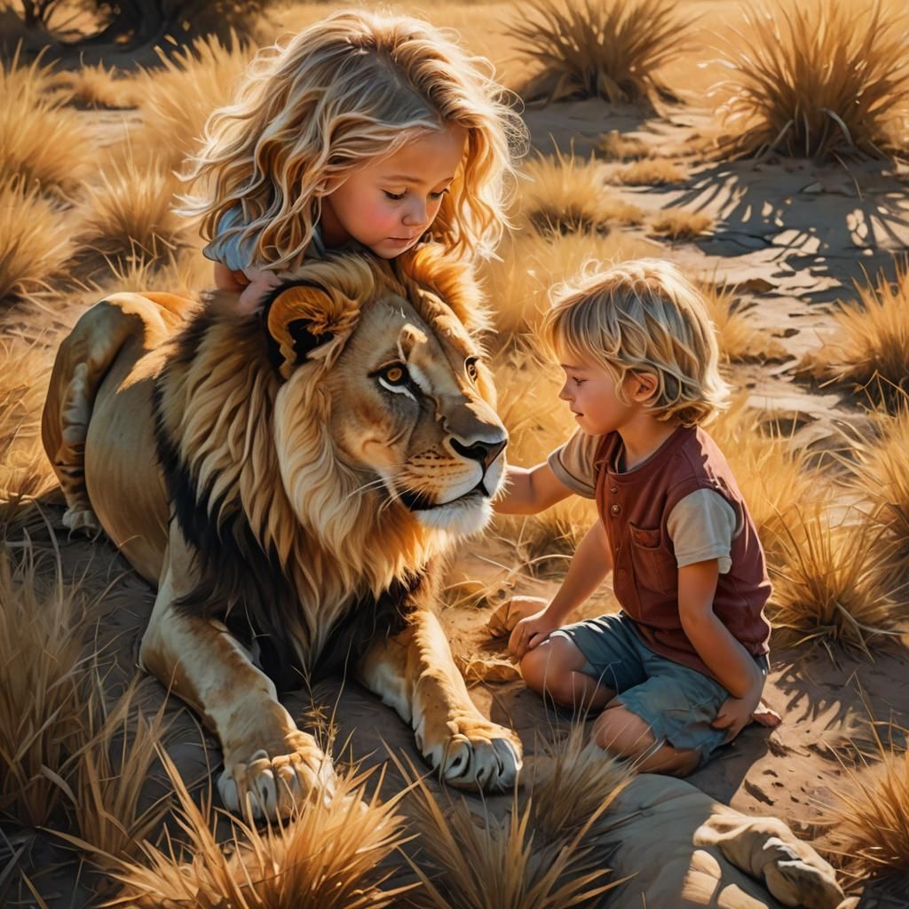 Child Petting Lion in Sunny Savannah Painting