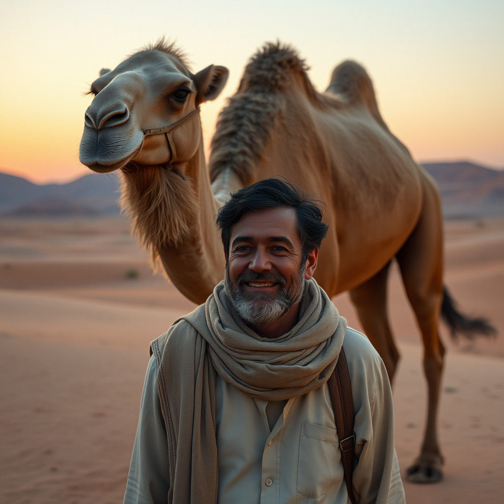 Man Walking with Camel in Desert Landscape
