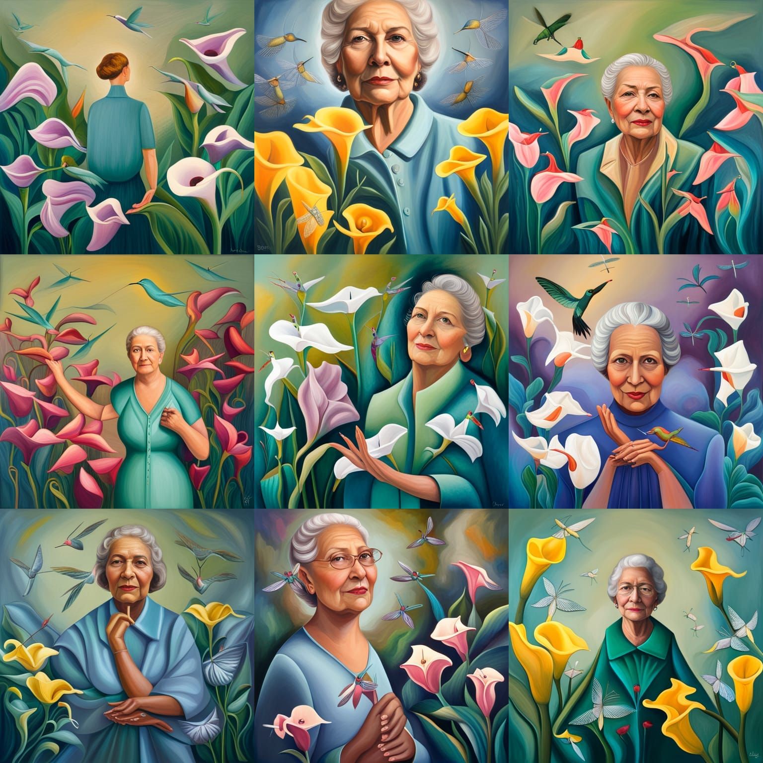 An abstract oil painting of an 80-years old woman surrounded by hummingbirds, dragonflies, and callas flowers