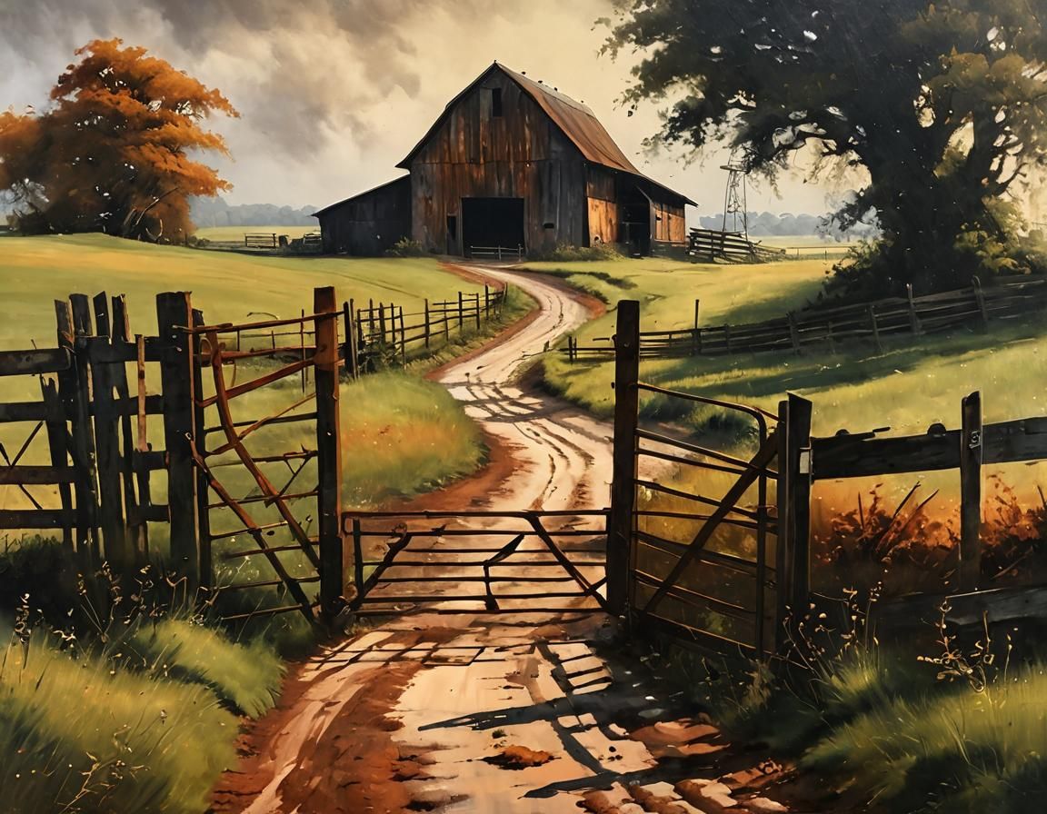 Moody Oil Painting, A pair of old, rusted farm gates in the foreground, slightly ajar, with a long, winding dirt path leading to a barely vi...