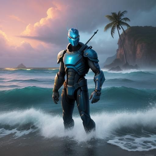 Warrior vs Tiny Squids on Stormy Beach in Vaporwave Style