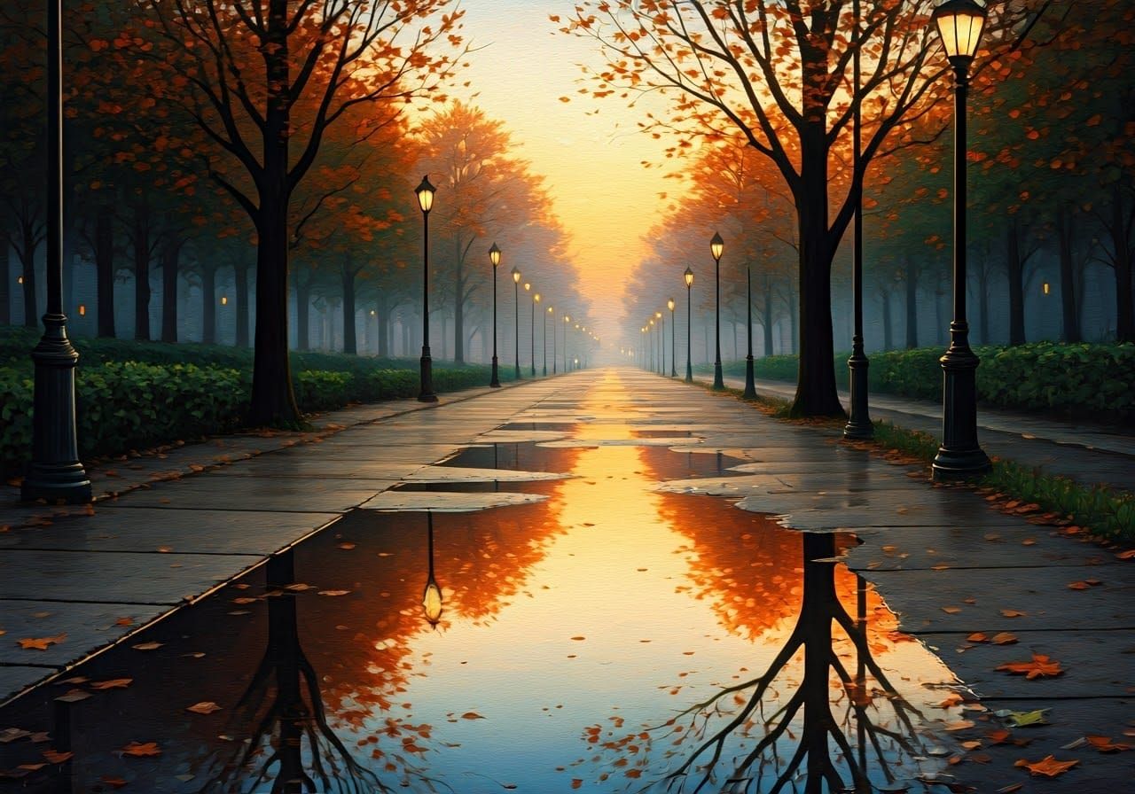 A long sidewalk with puddles after the rain, reflection of trees in the puddles, on the sides of the ...  by @double y