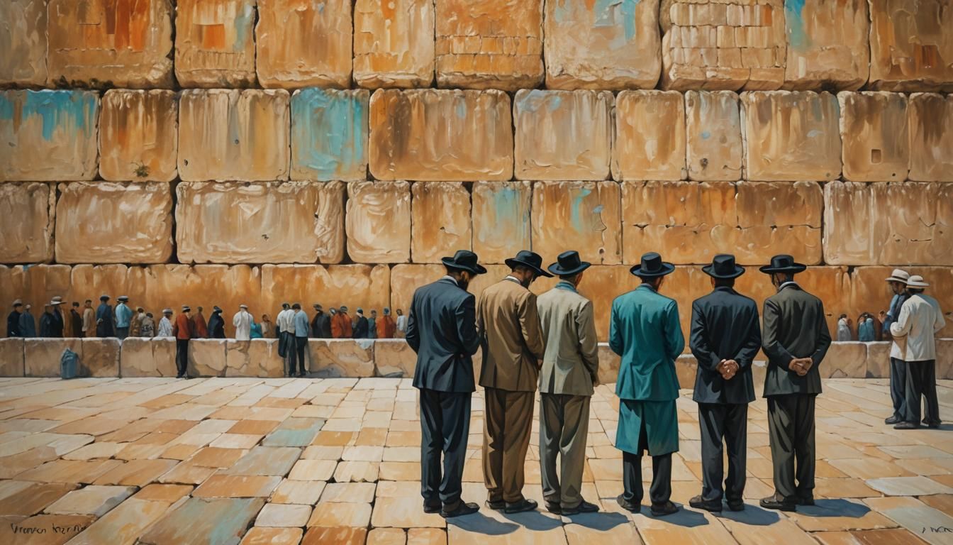 Praying Men at Western Wall: Impressionist Oil Painting