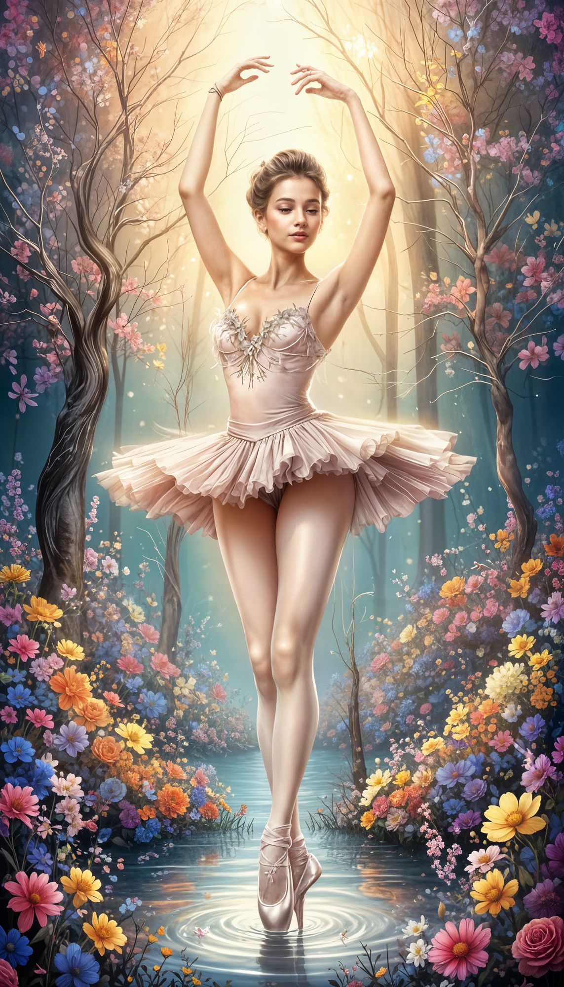 A ballerina on pointe, dancing on water surrounded by beautiful and colorful flowers.Bathed in the ethereal glow of the sun light