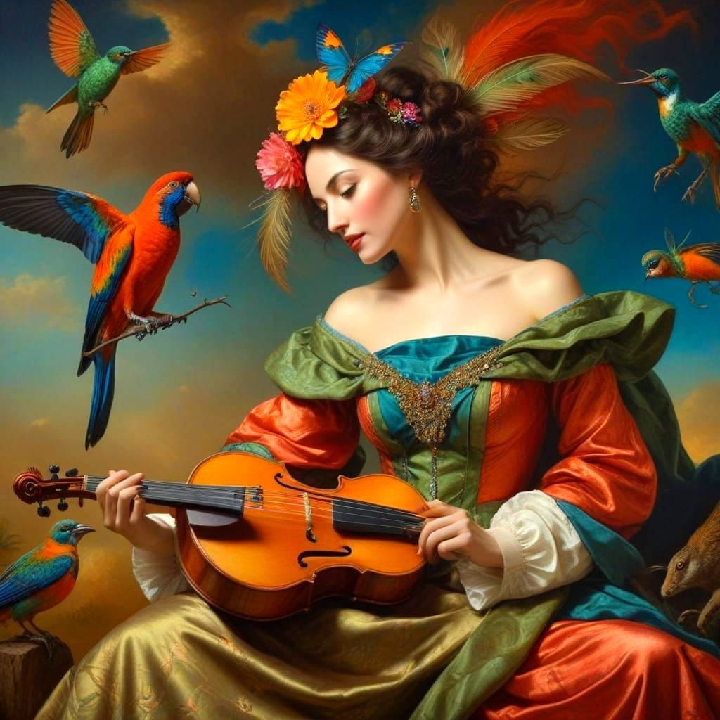 Vibrant Surrealist Portrait of a Happy Lady in Exotic Attire