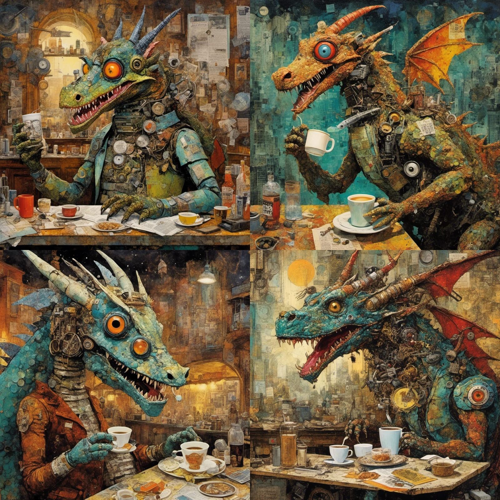 <lora:gonzobugs:0.7>  one eyed robot dragon drinking coffee at a nightcafe mixed media collage