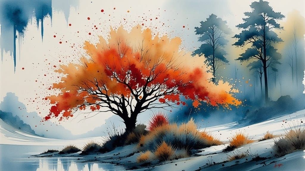 The last autumn leaves fall in the first frost, by Hua Tunan  ink splash art masterpiece, blue ink drawing, ink splatter, ink splash, drip t...