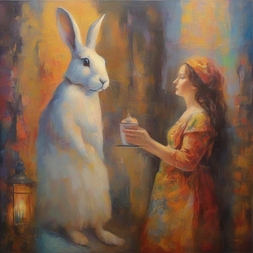 The rabbit will return to the alley
With a cup of tea and sweets
And to her
Cherishing the bright doll
He will bring his greetings 
By Andre...