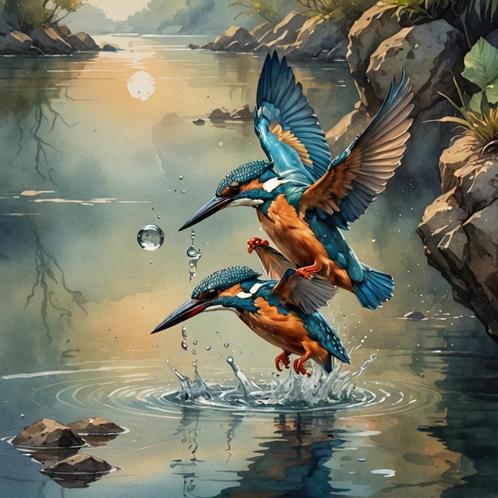 Kingfisher diving in the water