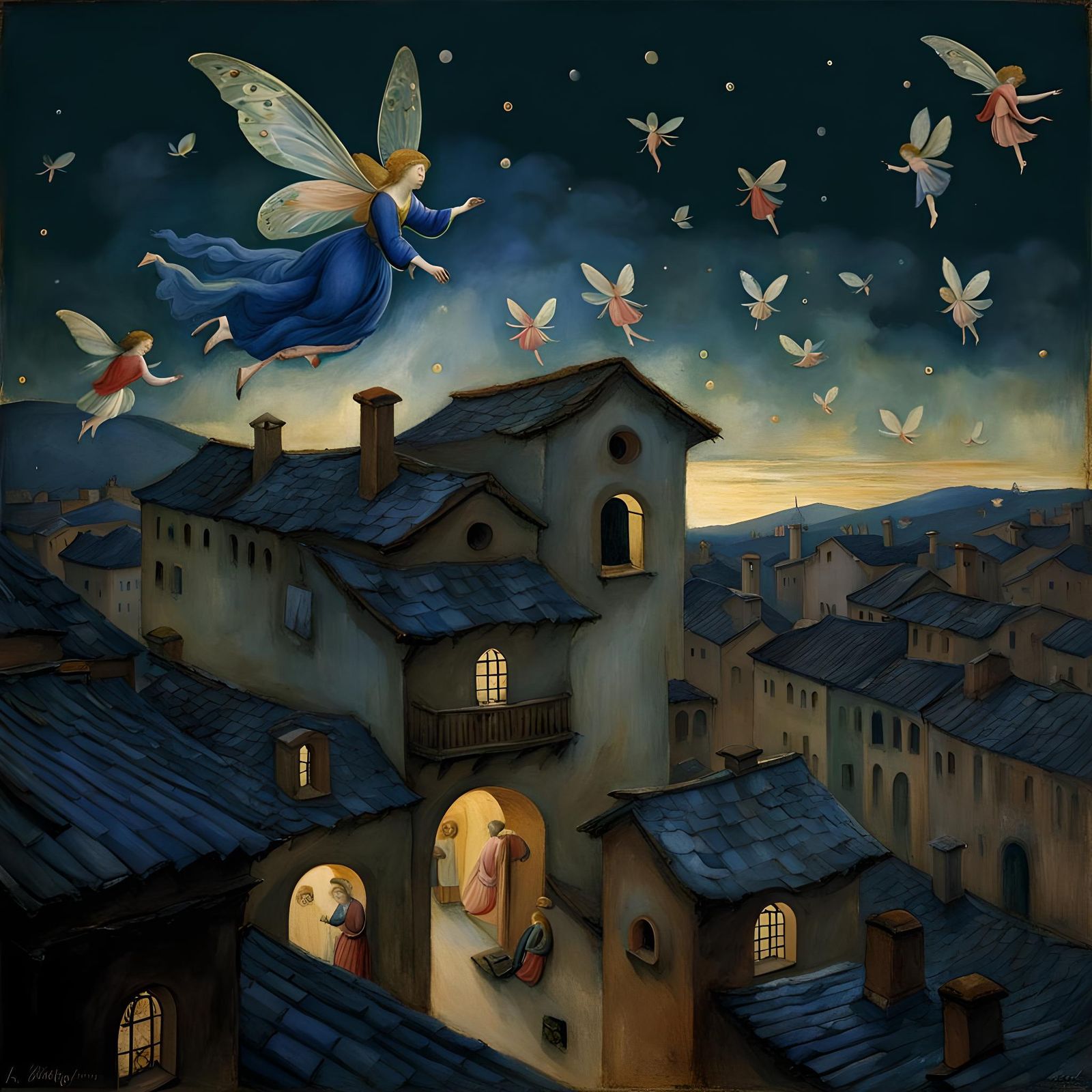 Fairy Over Rooftops in Pre-Raphaelite Style