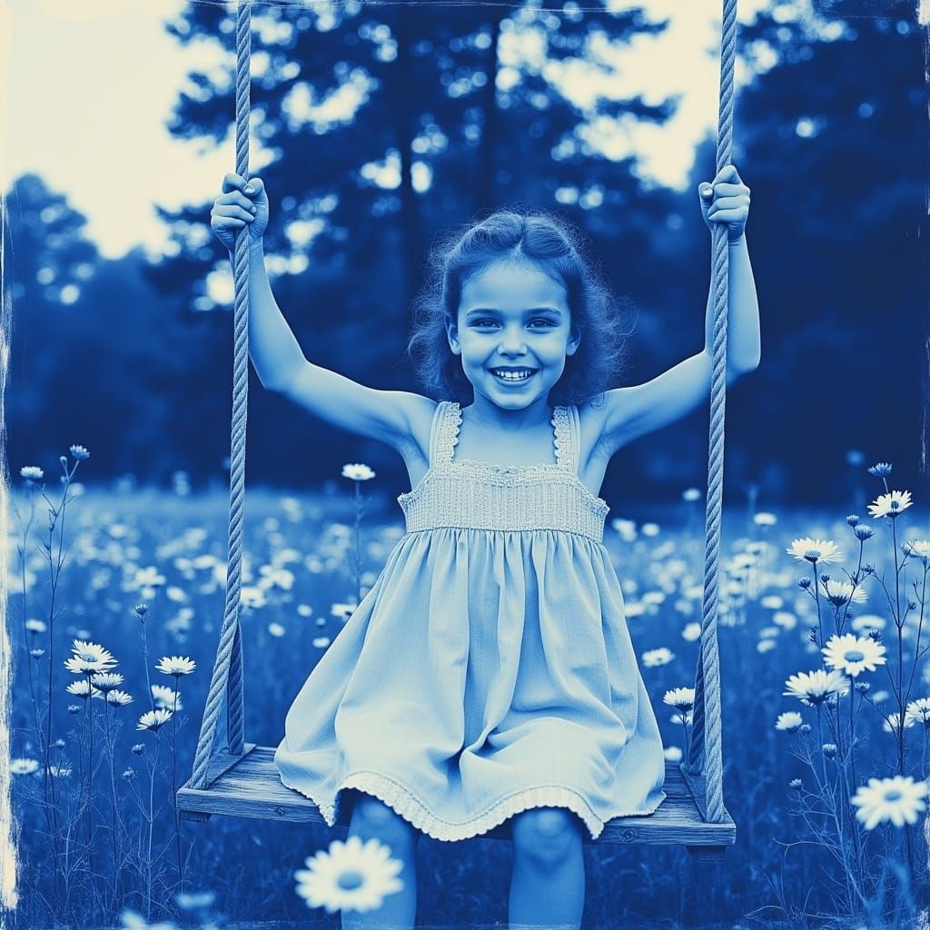 <lora:cyanotypeLike:1.0>cyanotype, blue, a smiling little girl swings in a flower garden, perfect composition 