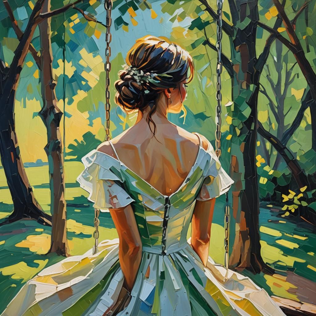 Big brush, a young woman in a wedding dress sitting on a swi...
