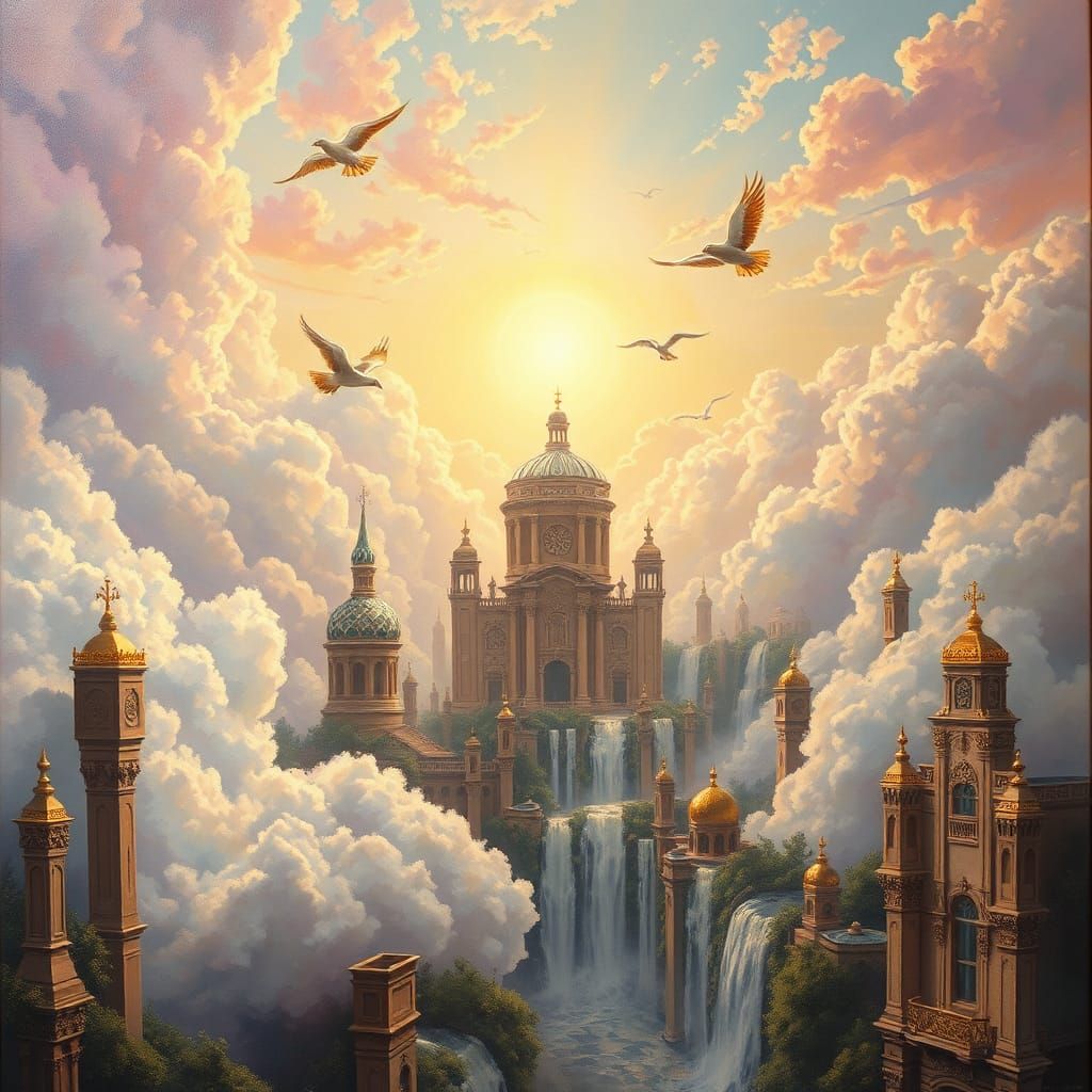 vibrant detailed painting of a city in the clouds.