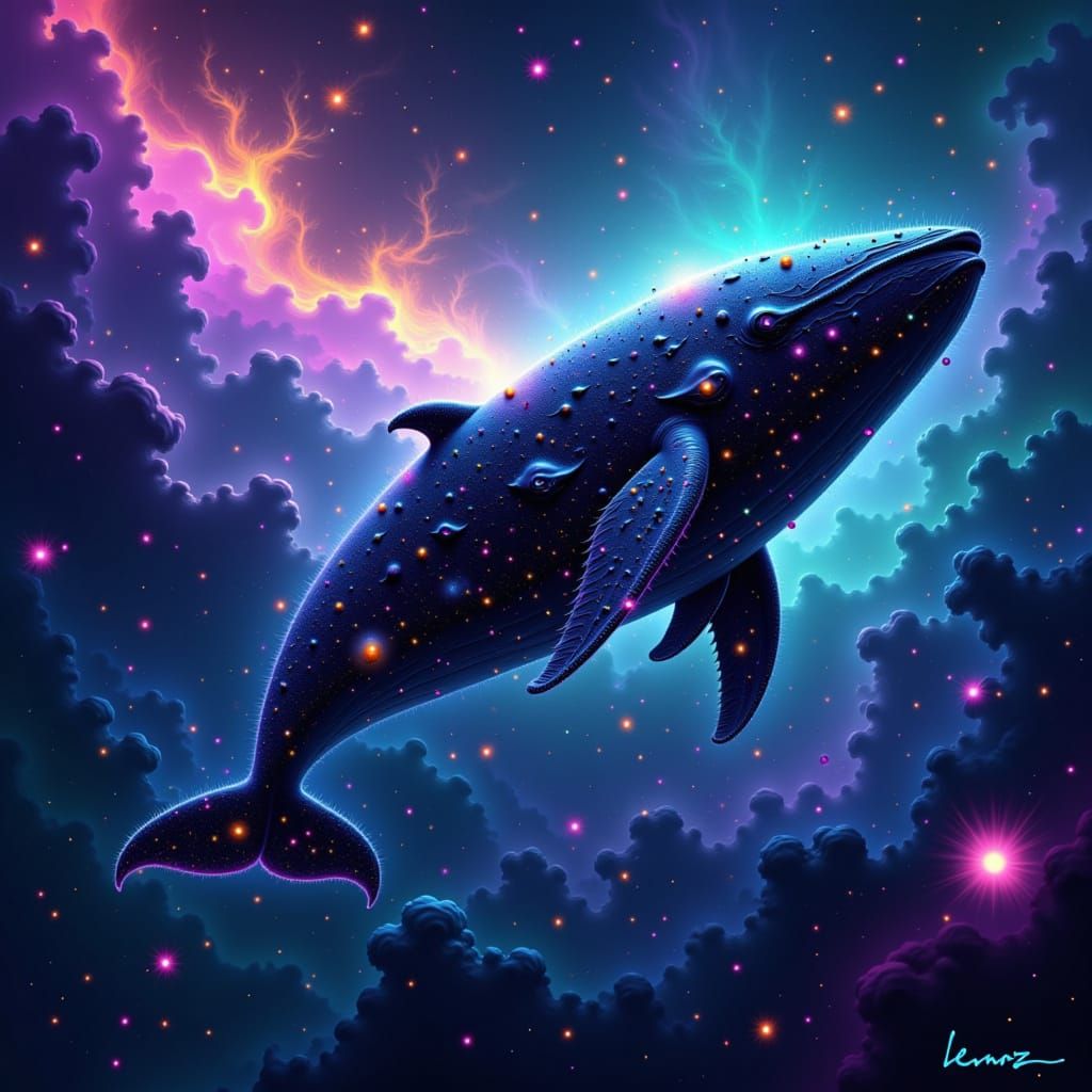 Digital art. A colossal, ancient cosmic whale drifts through a nebula of swirling stardust and nebulae. Its skin is patterned with constella...