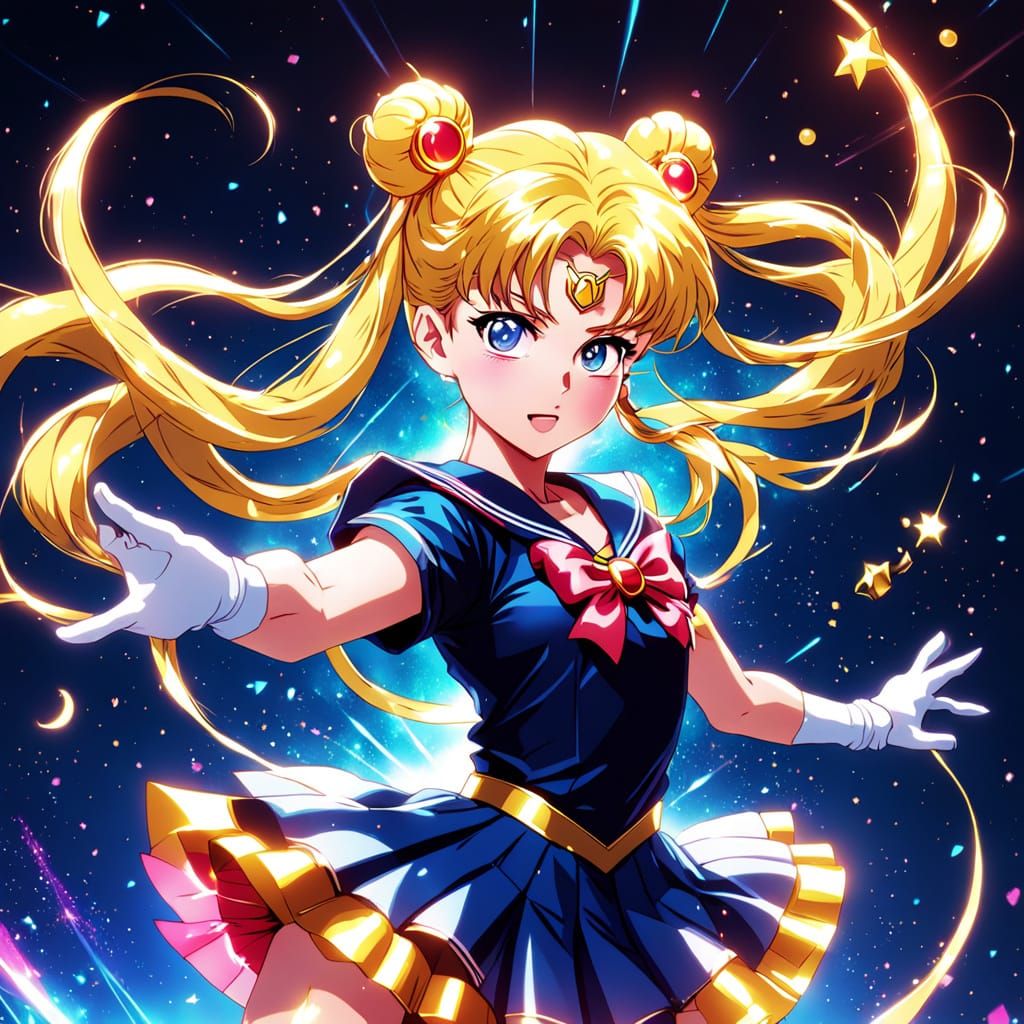 A dynamic scene of Sailor Moon in an iconic pose.  by @Suz