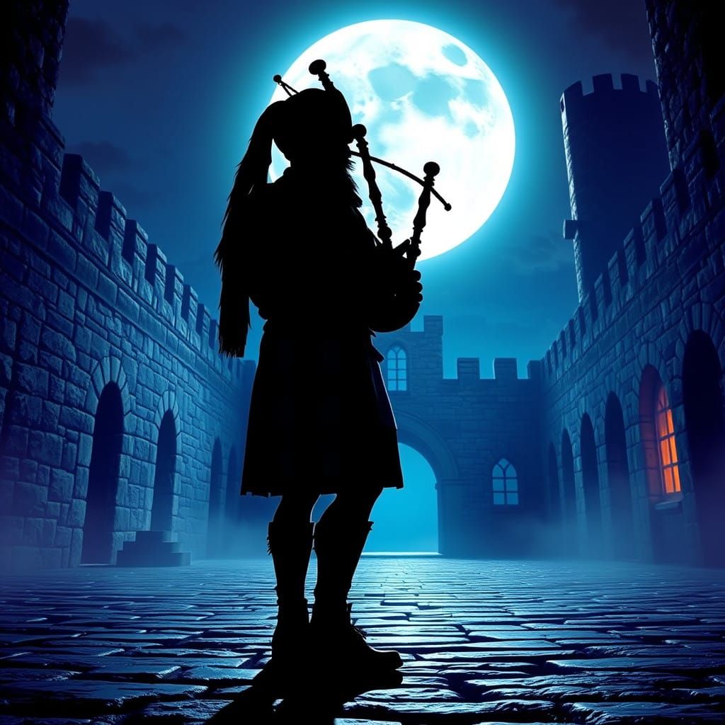 Lone bagpiper at very bright moonlight creating striking beautiful silhouette, where shadows create dancing ...  by @CalendoniaAI