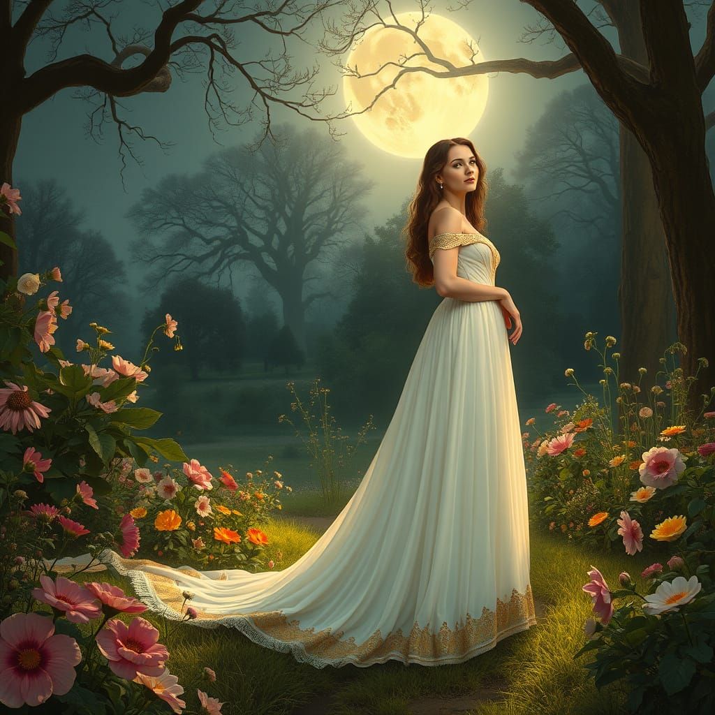 Majestic Woman in a Pre-Raphaelite Moonlit Garden
