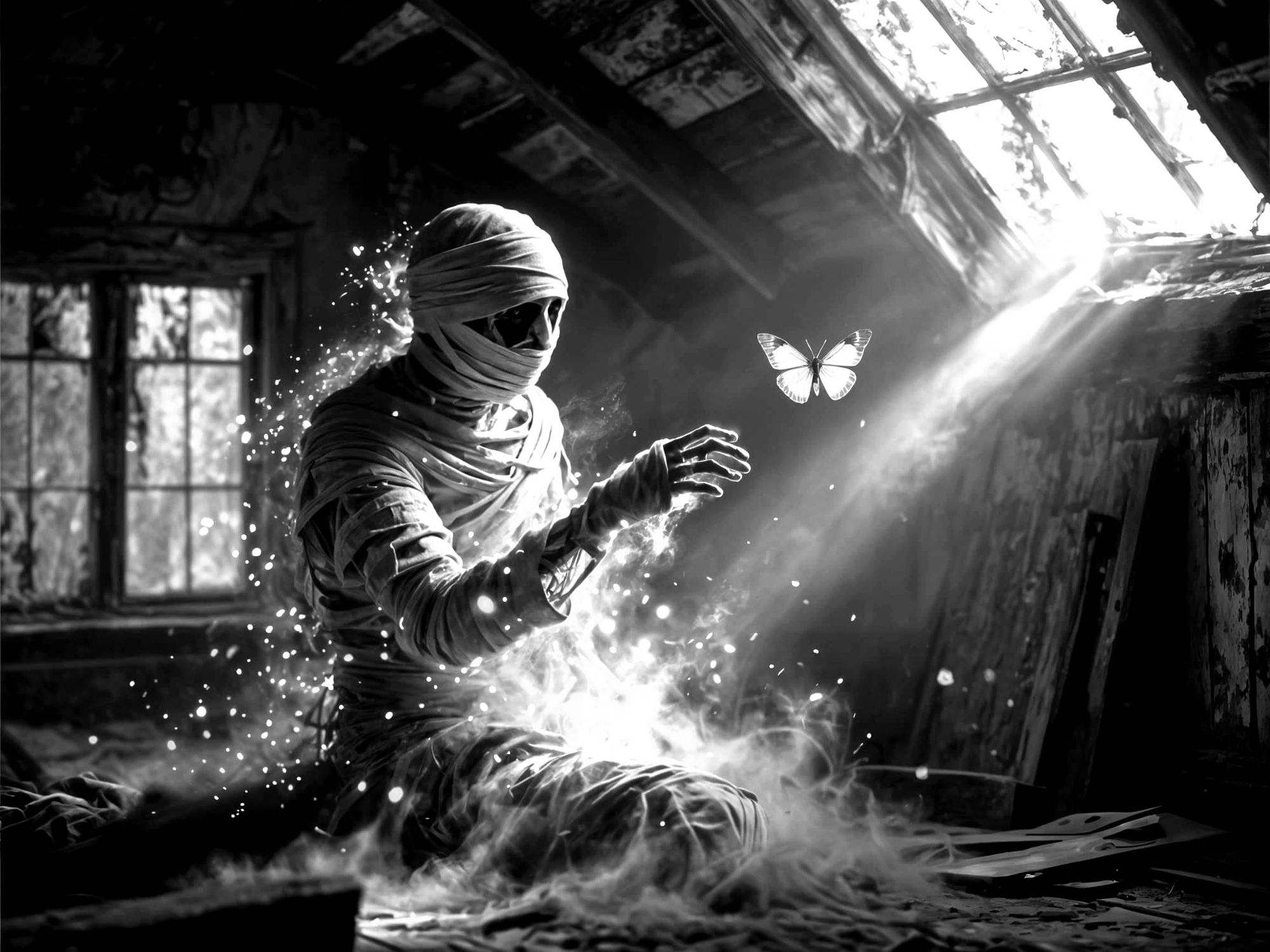 A blend of a surreal image combining the aspects of the dusty mummy and the robot moon setting - Start Image 1