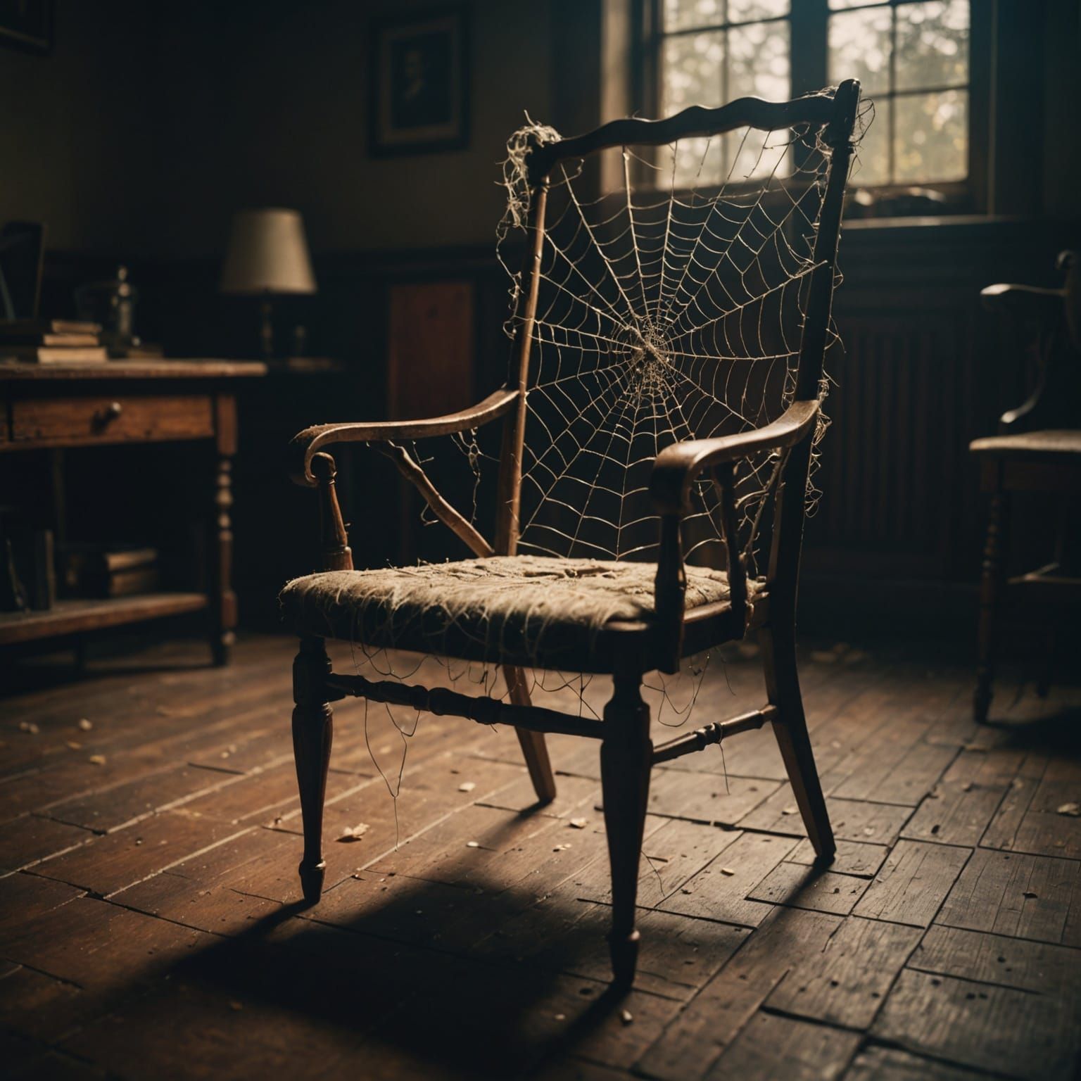 “A chair  made only from spiderwebs”  Cinematic film still, shot on v-raptor XL, film grain, vignette, ...  by @Jokavld