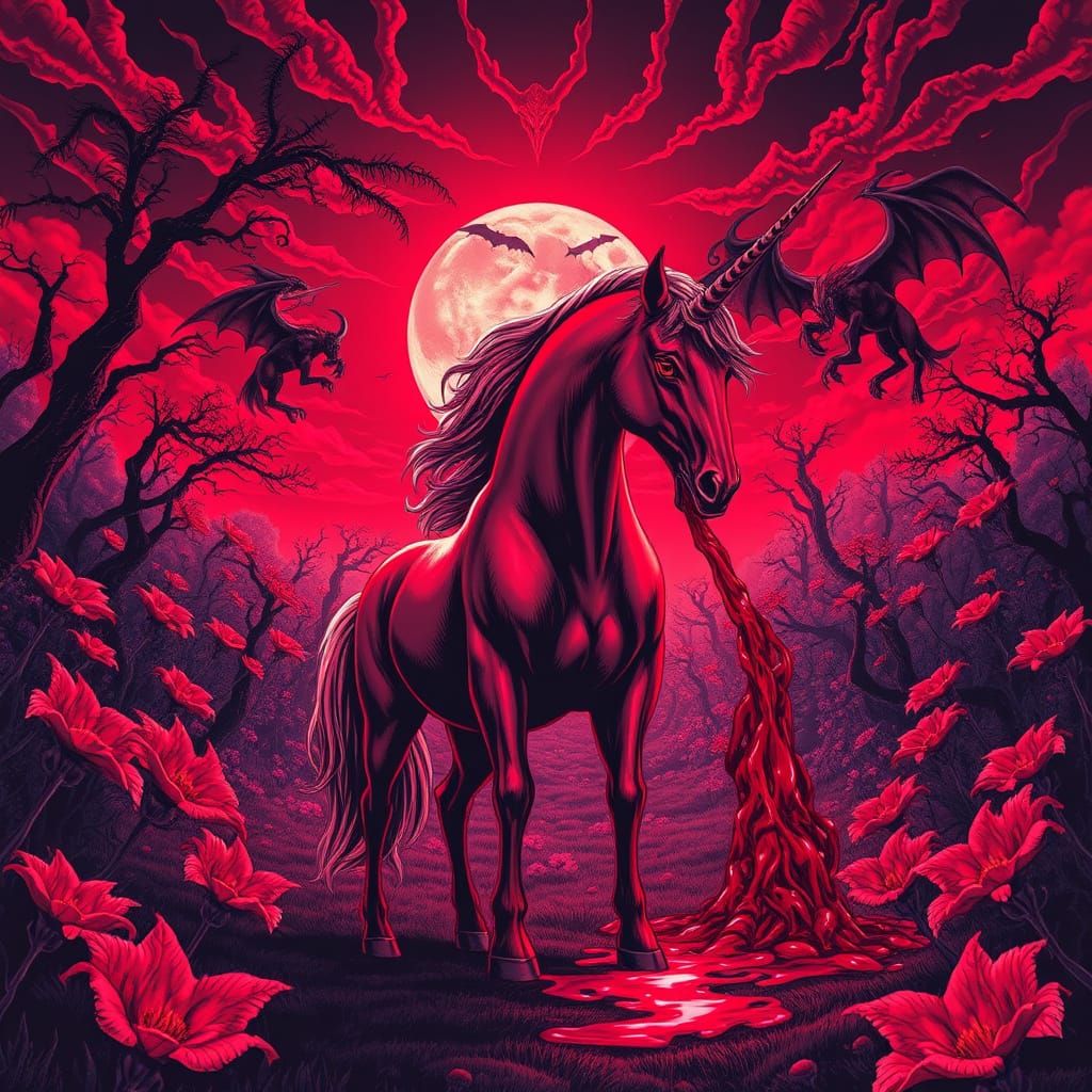 Red Unicorn - Blood-Soaked Unicorn in a Twisted, Nightmarish...