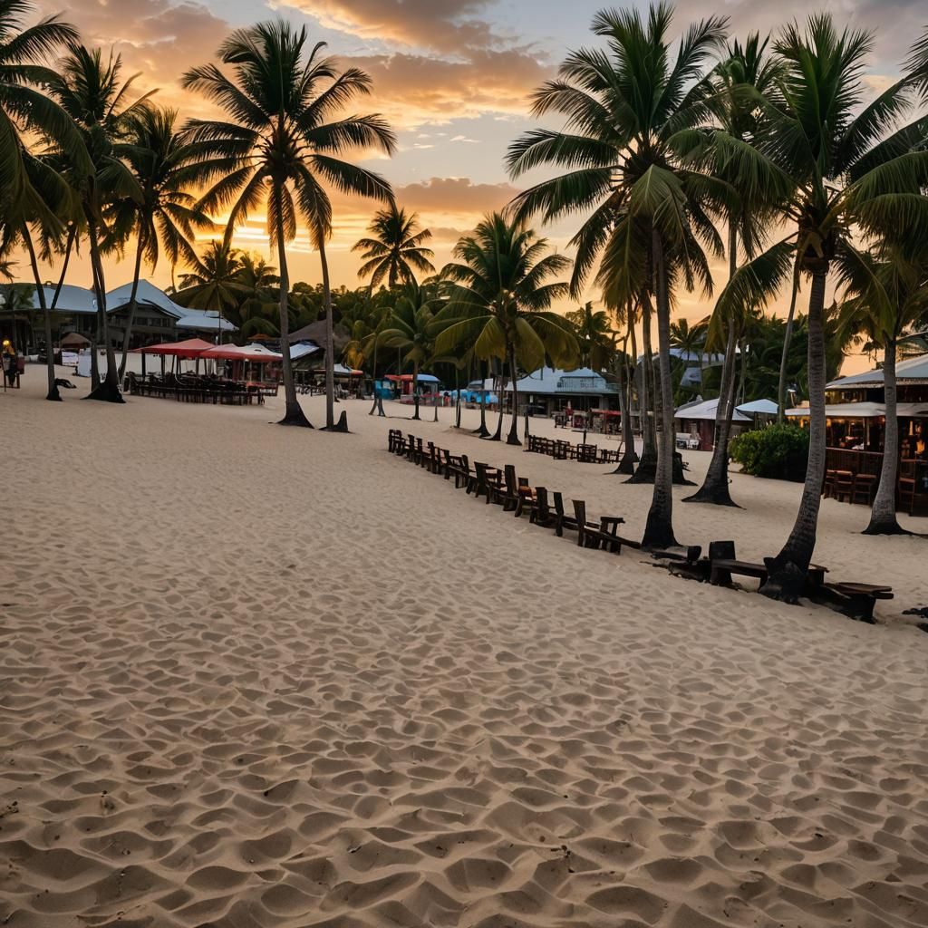 A beautiful wide-angle shot of a tropical beach at sunset. P...