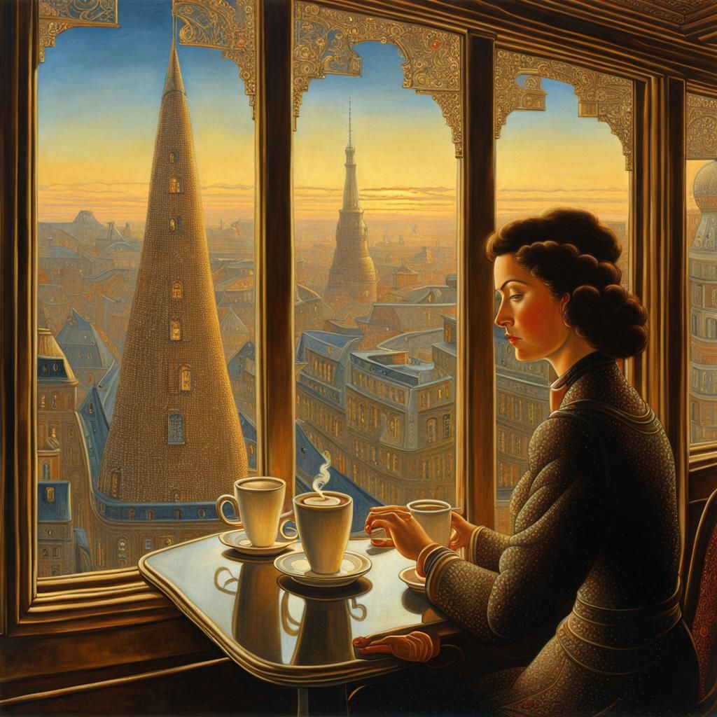 close up man and woman sitting at a cafe window 3D  hyperdet...