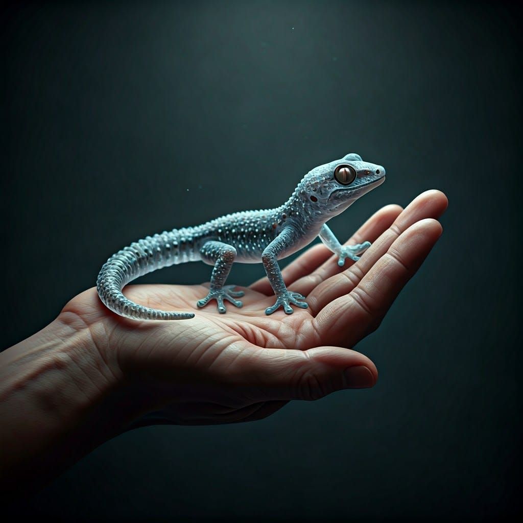 A serene, high-definition digital artwork featuring a delicate, transparent bioluminescent crystal and obsidian sculpture of a gecko, poised...