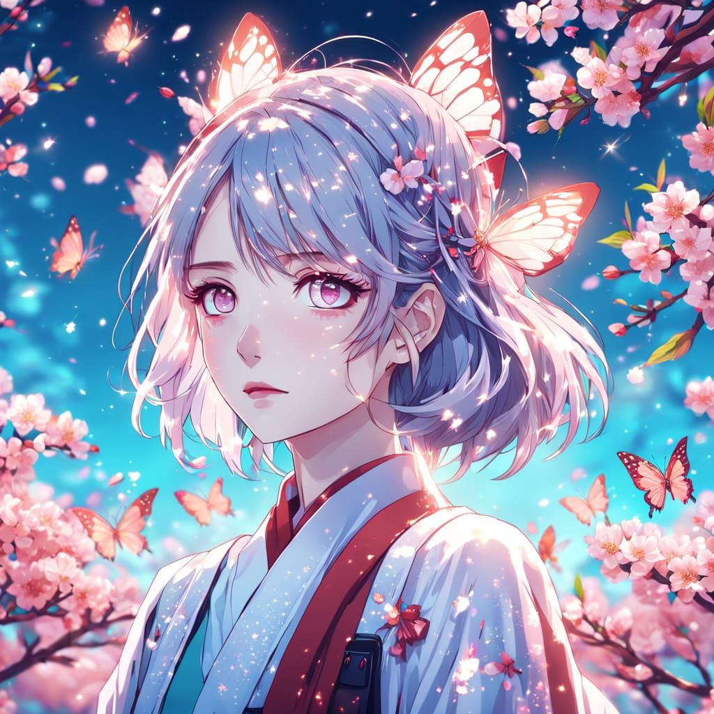 Anime Girl with Cherry Blossoms and Butterflies