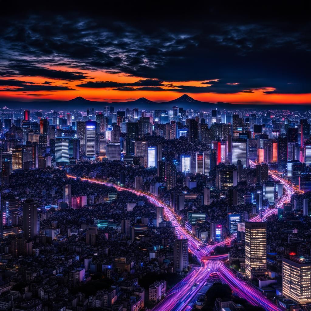 Blacklight Art Tokyo Skyline 