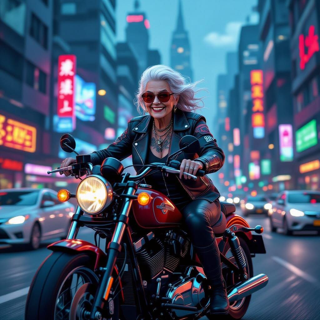 elderly woman, with a mischievous grin and a twinkle in her eye, fearlessly riding a motorcycle through ...  by @Jose
