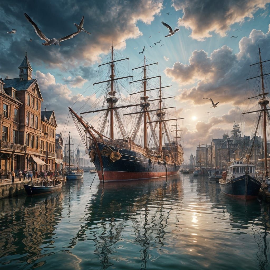 Watercolor Ship Anchored in Bustling Harbor