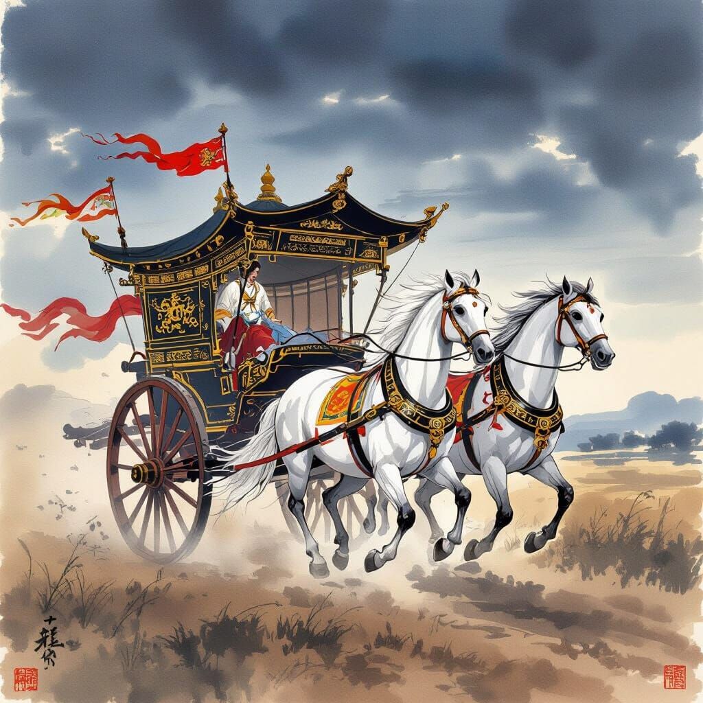 Ancient Chinese Chariot Gallops Through Twilight Plain