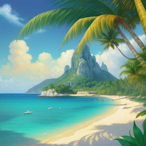 Surreal Tropical Island Oasis in Vibrant Oil Painting Style