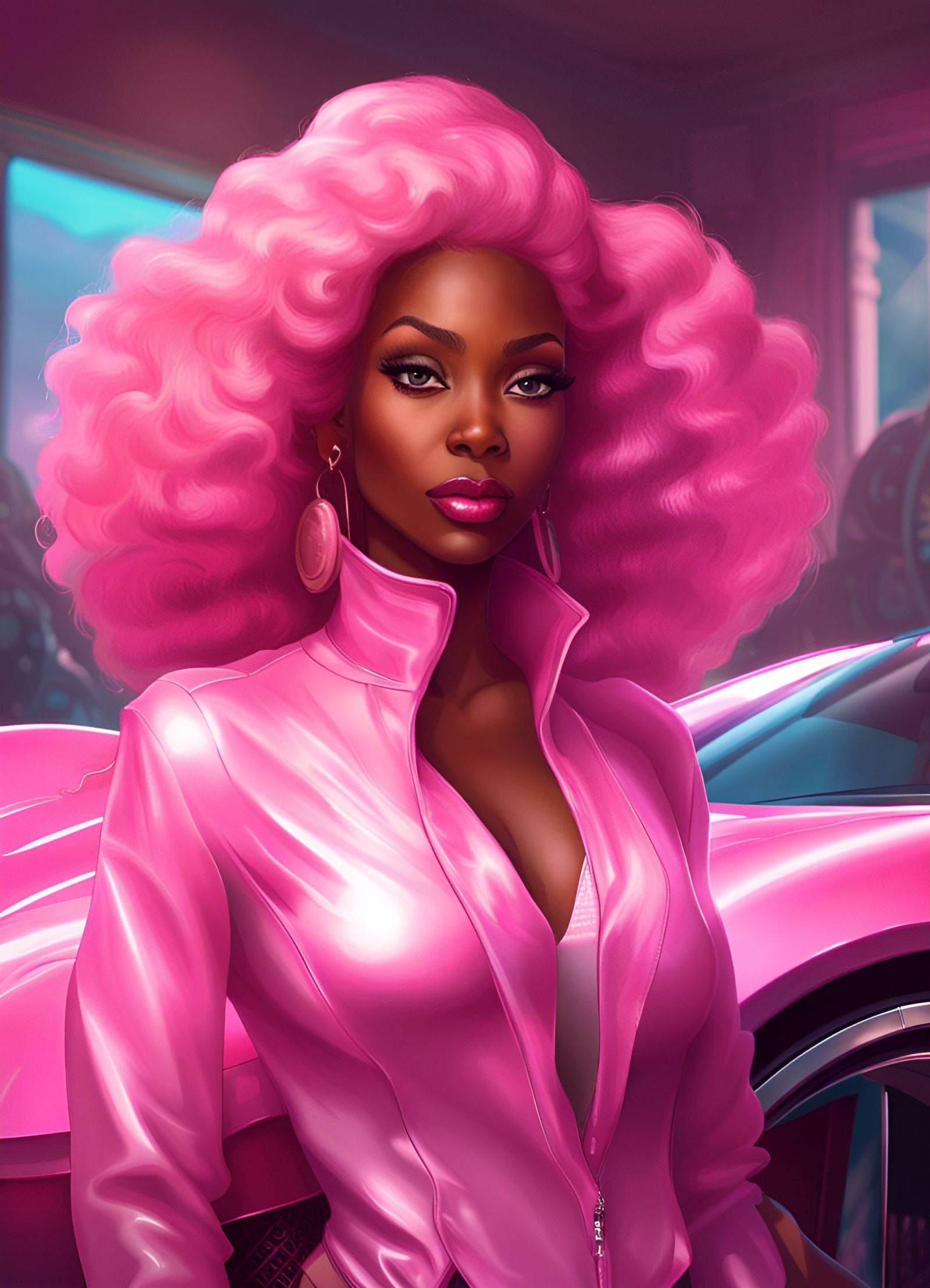 Black Woman dressed as a barbie doll, standing next to her p...