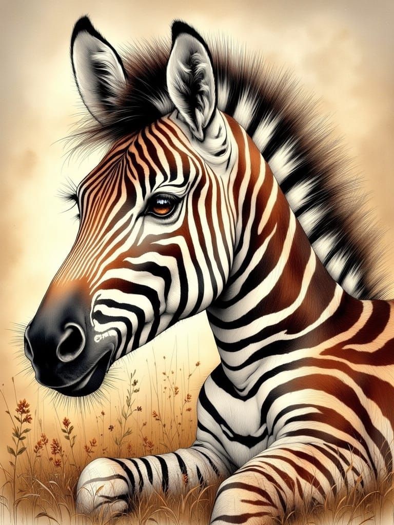 <lora:HRH-moody-inks v2:1.0> Stunning golden zebra foal, style of holly hobbie, moody ink, hyper detailed , grunge
