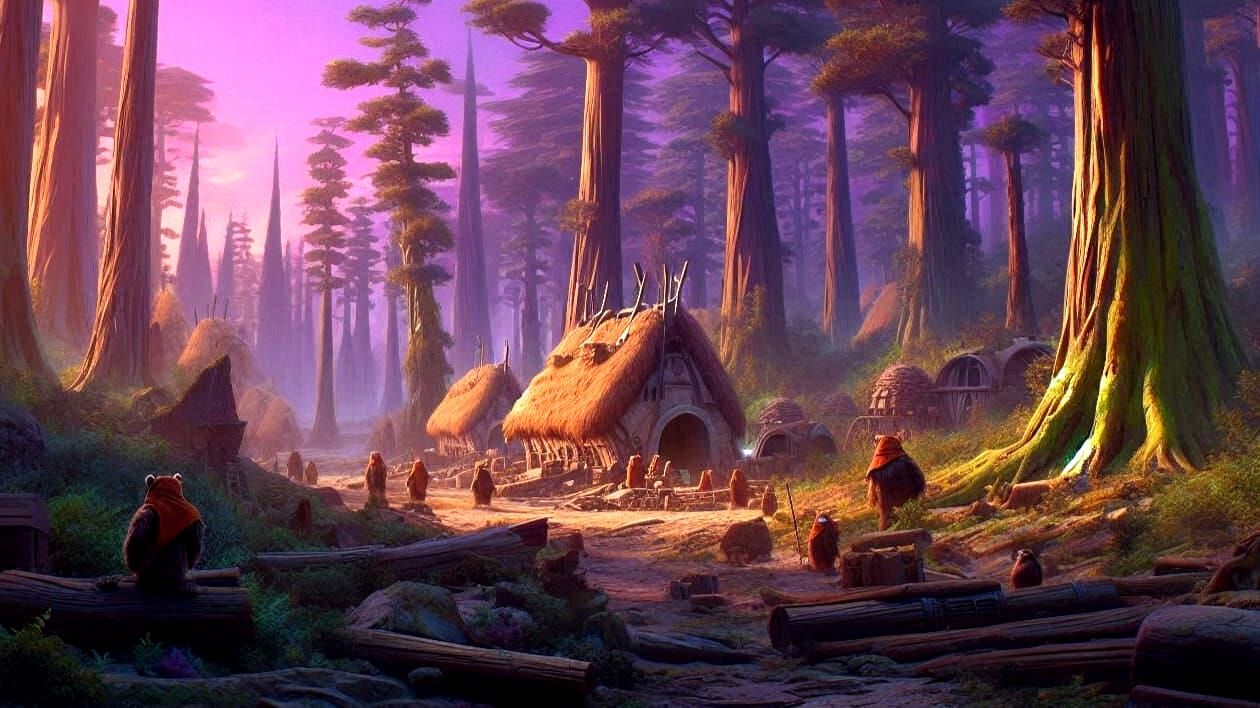 Ewok village in the style of Ralph McQuarrie